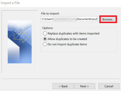 Outlook 365: ‘Import a File’ menu Afbeelding: Outlook 365: ‘Import a File’ menu
