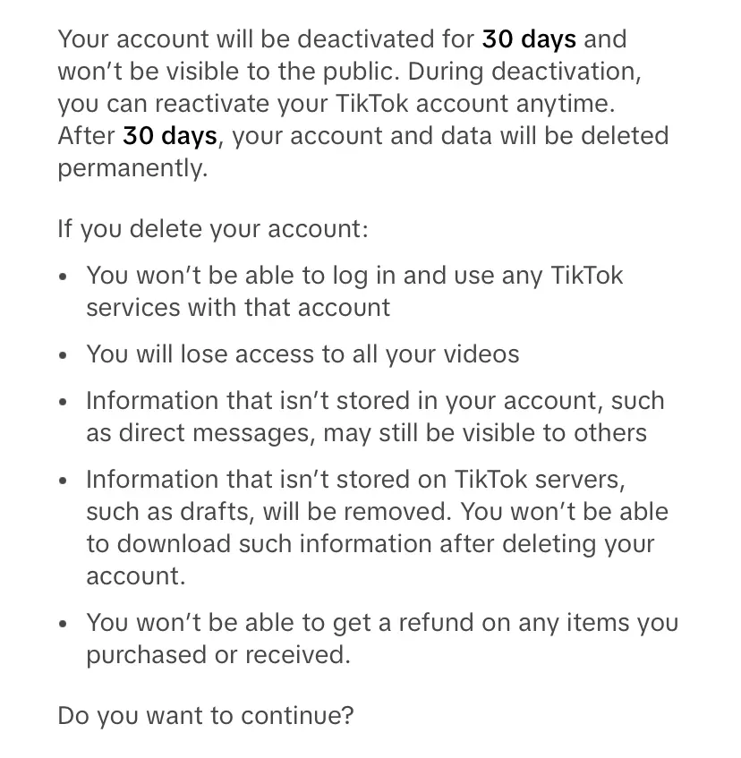 Afbeelding: Information about deleting a TikTok account