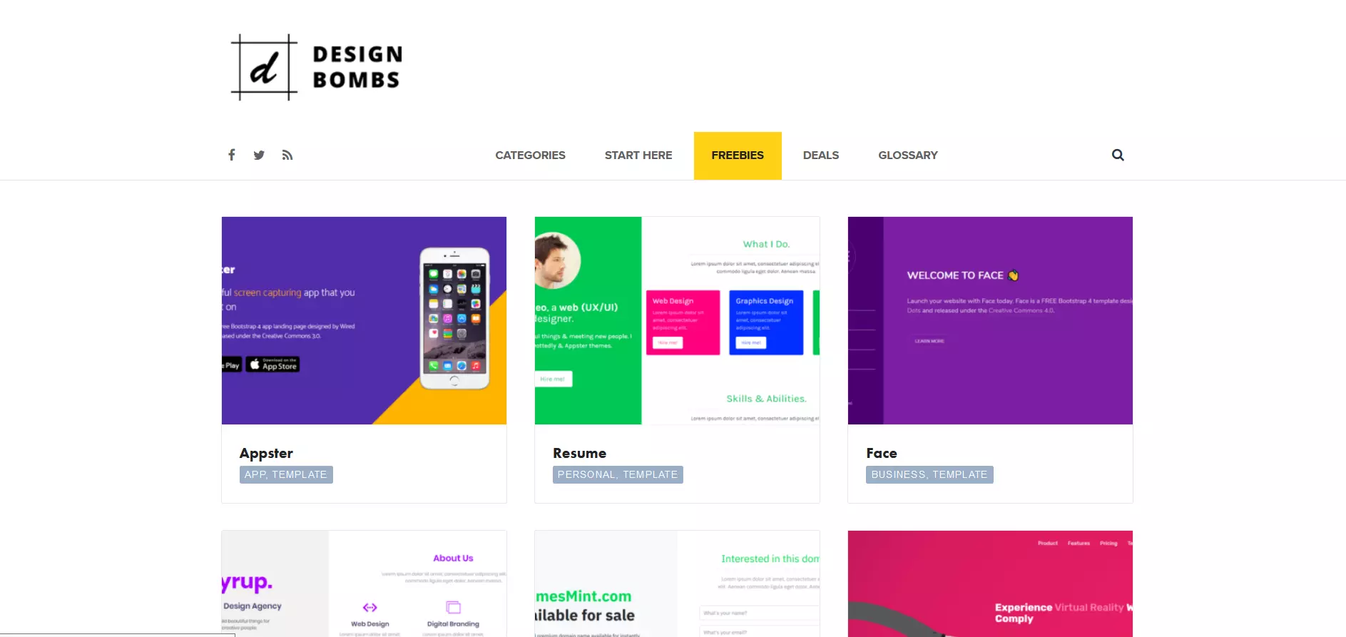 Afbeelding: Page with free templates on Design Bombs website