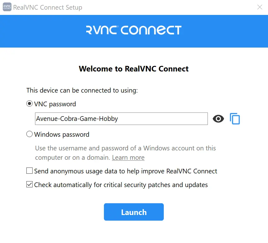 RealVNC server setup Afbeelding: RealVNC server setup