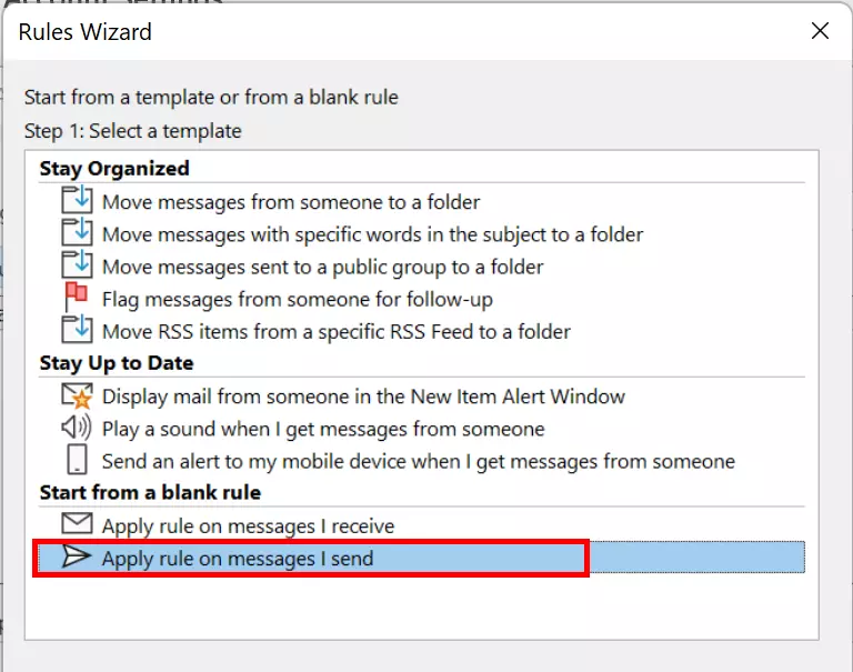 Afbeelding: Rules Wizard option: Apply rule on messages I send
