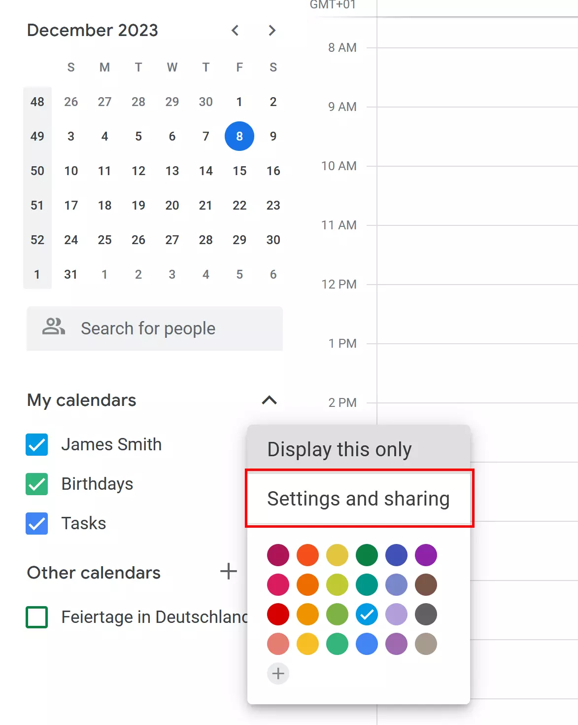 Afbeelding: Google Calendar: Settings and Sharing menu