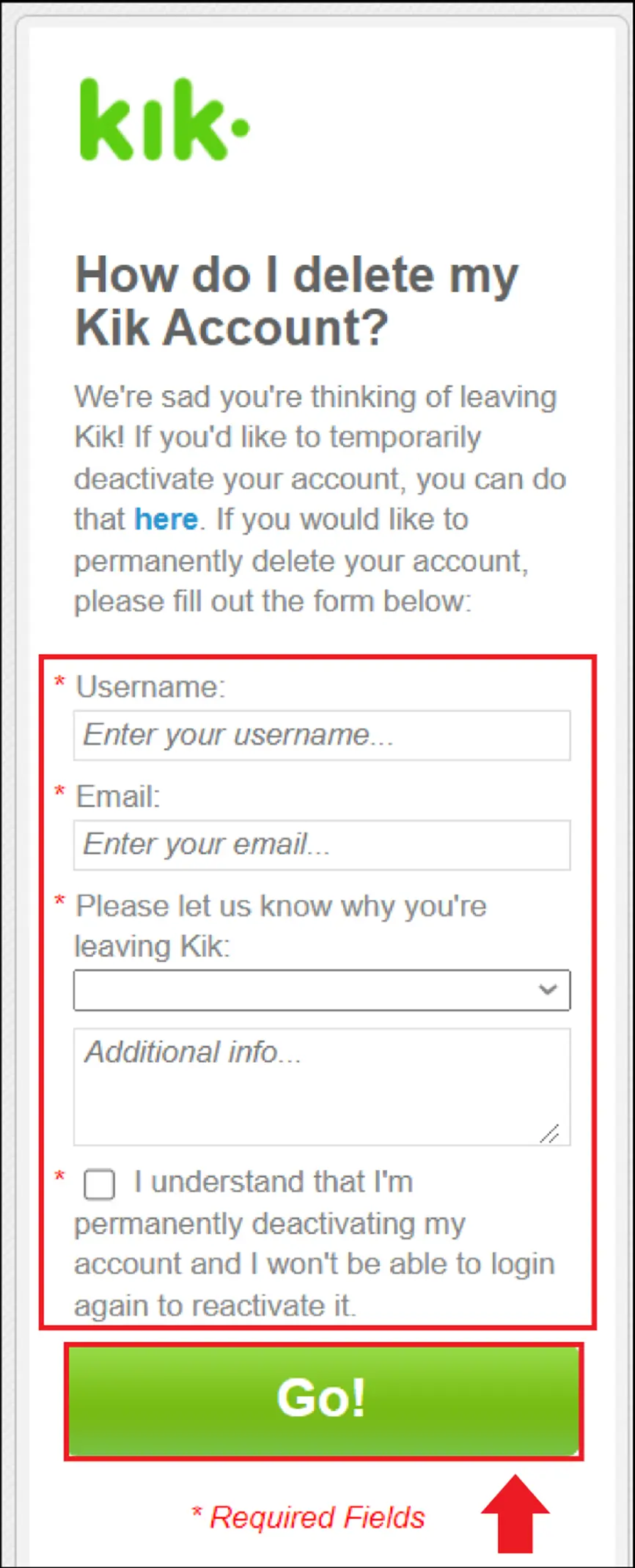 Afbeelding: To delete your Kik account, enter your name and email address.