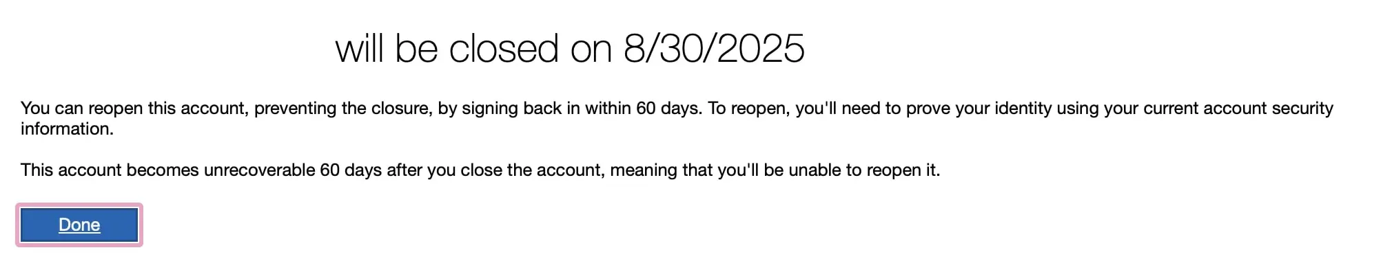 Afbeelding: Confirmation that account will be closed