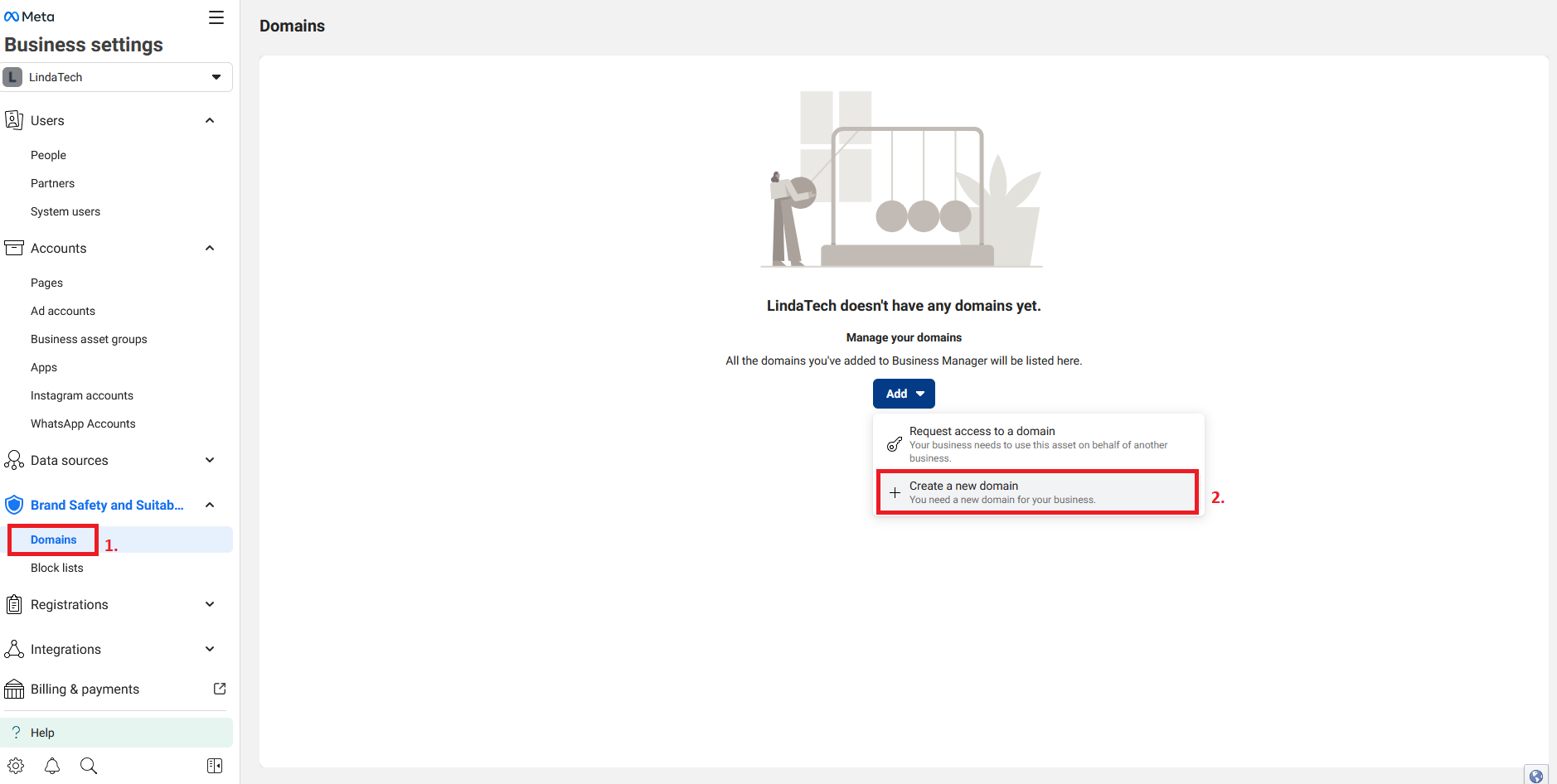 Adicionar domínio no Gerenciador de Negócios da Meta Imagem: Adicionar domínio no Gerenciador de Negócios da Meta