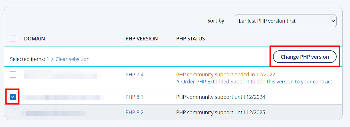 Status do PHP dos domínios na conta de cliente IONOS Status do PHP dos domínios na conta de cliente IONOS