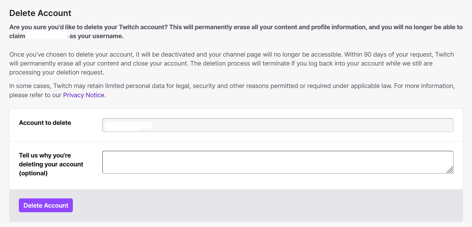 Caixa de diálogo para excluir sua conta na Twitch Caixa de diálogo para excluir sua conta na Twitch