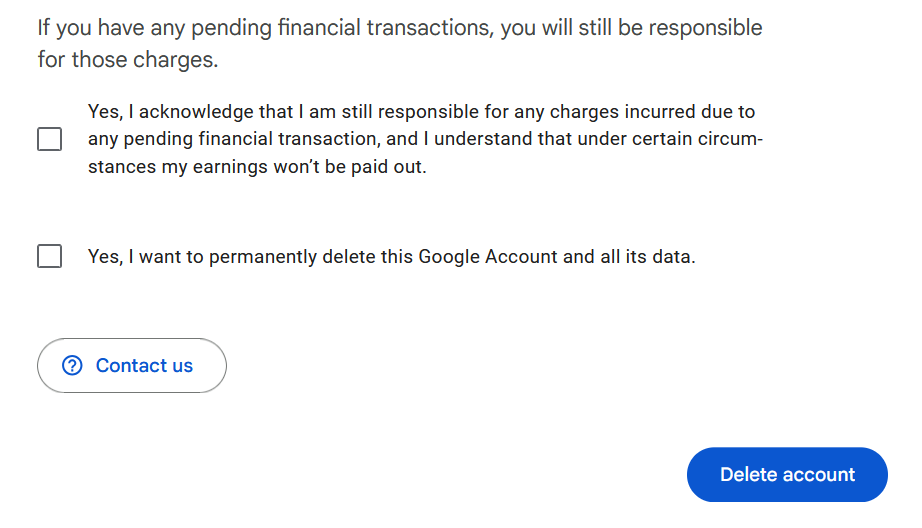 Excluindo sua conta do Google: Formulário para confirmação do usuário Excluindo sua conta do Google: Formulário para confirmação do usuário