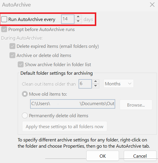 Microsoft Outlook: janela “AutoArquivar” Microsoft Outlook: janela “AutoArquivar”