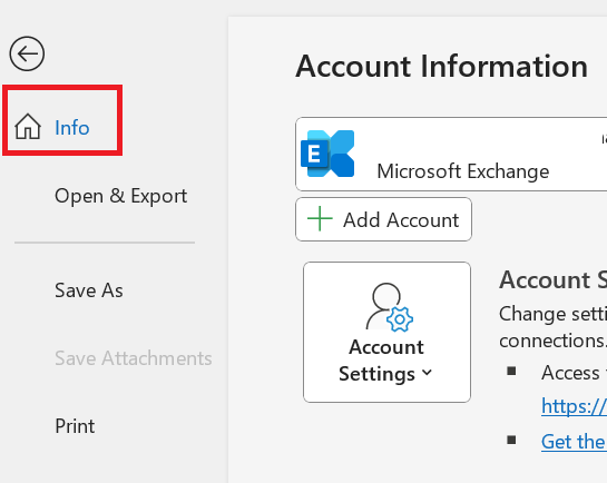 Microsoft Outlook: opção “Info” na guia “File” Microsoft Outlook: opção “Info” na guia “File”