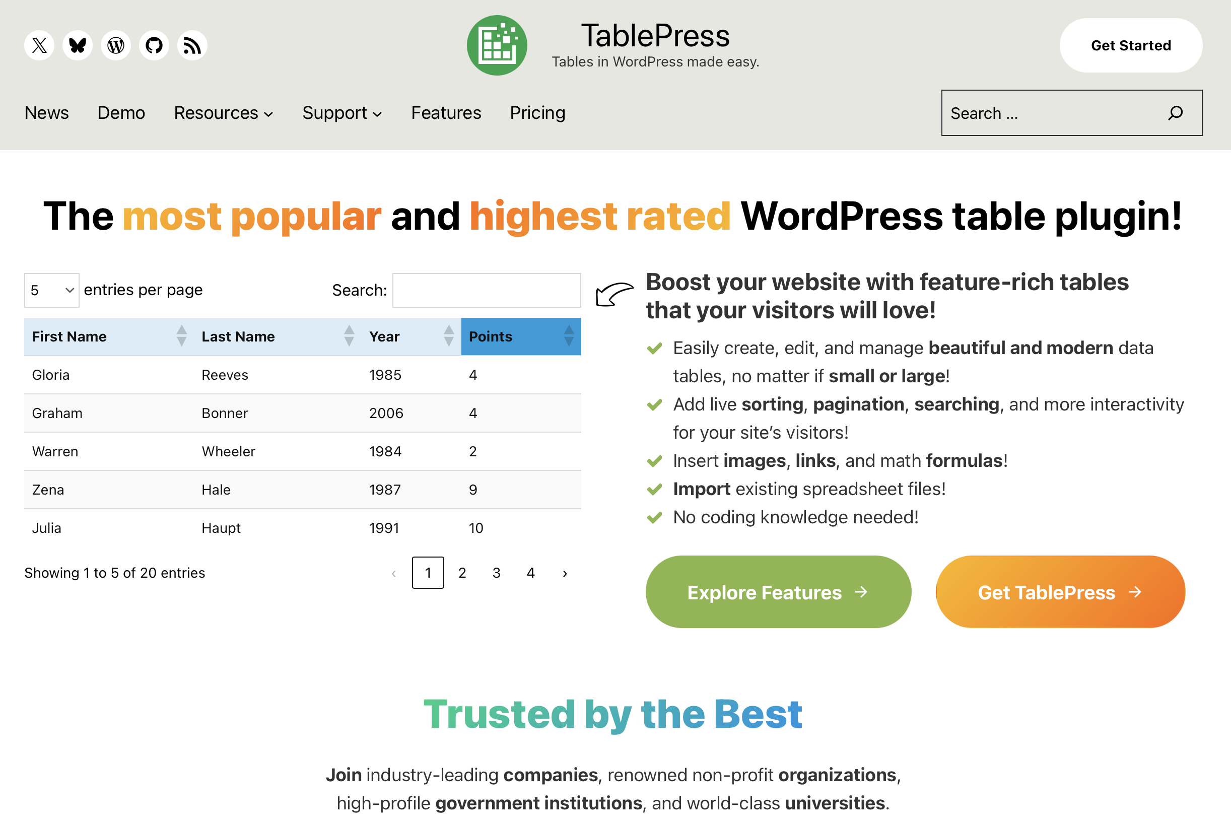 Site do plugin WordPress TablePress Imagem: Site do plugin WordPress TablePress