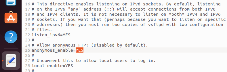 Configuração do acesso anônimo ao FTP no arquivo vsftpd.conf Imagem: Configuração do acesso anônimo ao FTP no arquivo vsftpd.conf