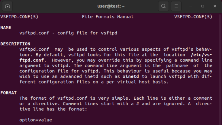 Manuais de configuração do vsftpd no terminal Imagem: Manuais de configuração do vsftpd no terminal
