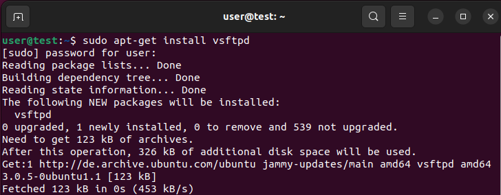 Instalação do vsftpd no terminal do Ubuntu 22.04 Imagem: Instalação do vsftpd no terminal do Ubuntu 22.04