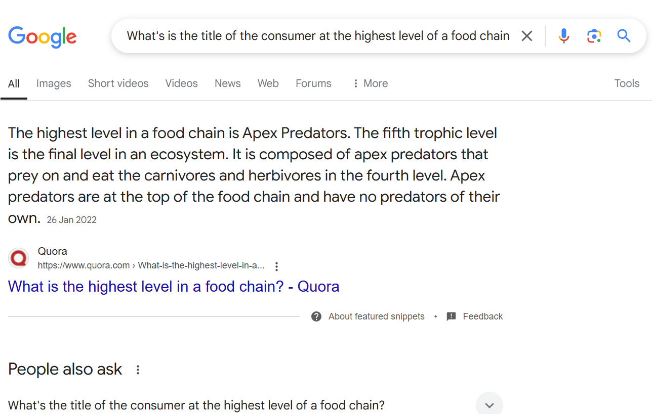 Resultados da pesquisa do Google para a palavra-chave “What’s the title of the consumer at the highest level of a food chain” Imagem: Resultados da pesquisa do Google para a palavra-chave “What’s the title of the consumer at the highest level of a food chain”