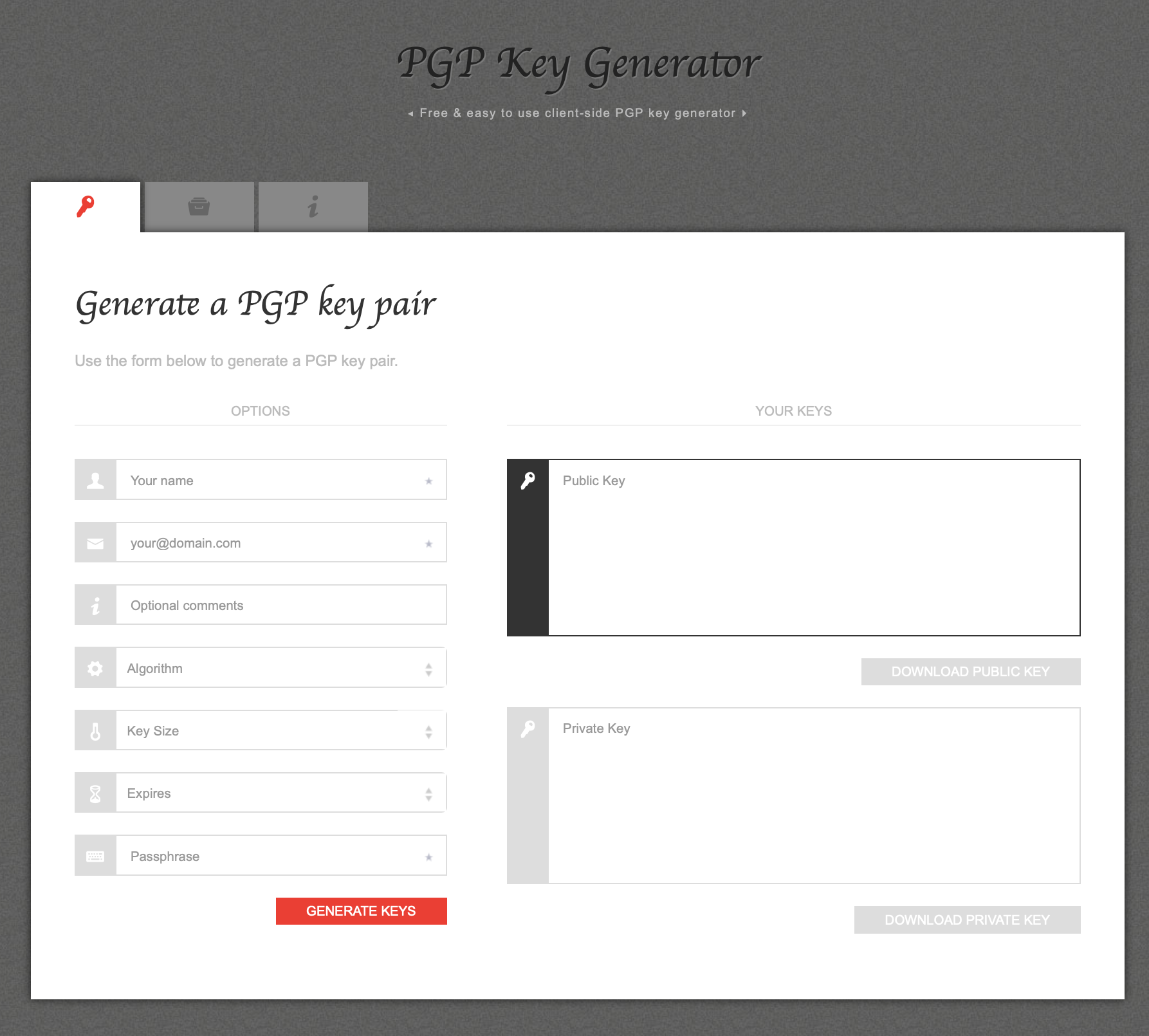Captura de tela da ferramenta PGP Key Generator Imagem: Captura de tela da ferramenta PGP Key Generator