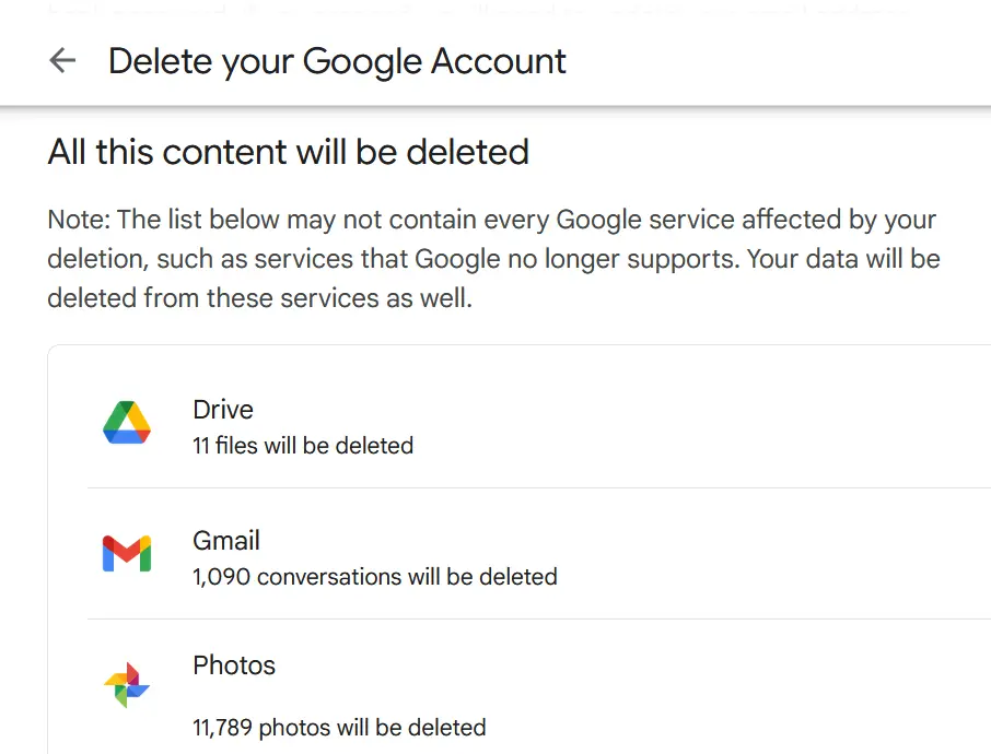 Imagem: Lista de arquivos e conteúdos que serão excluídos ao fechar a conta do Google