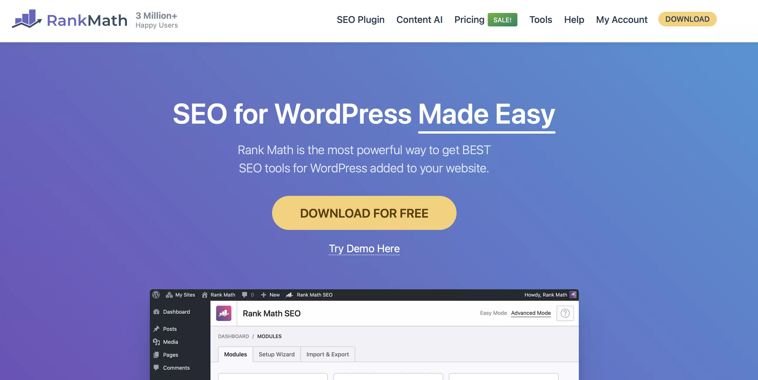 Site do plugin WordPress Rank Math SEO Imagem: Site do plugin WordPress Rank Math SEO