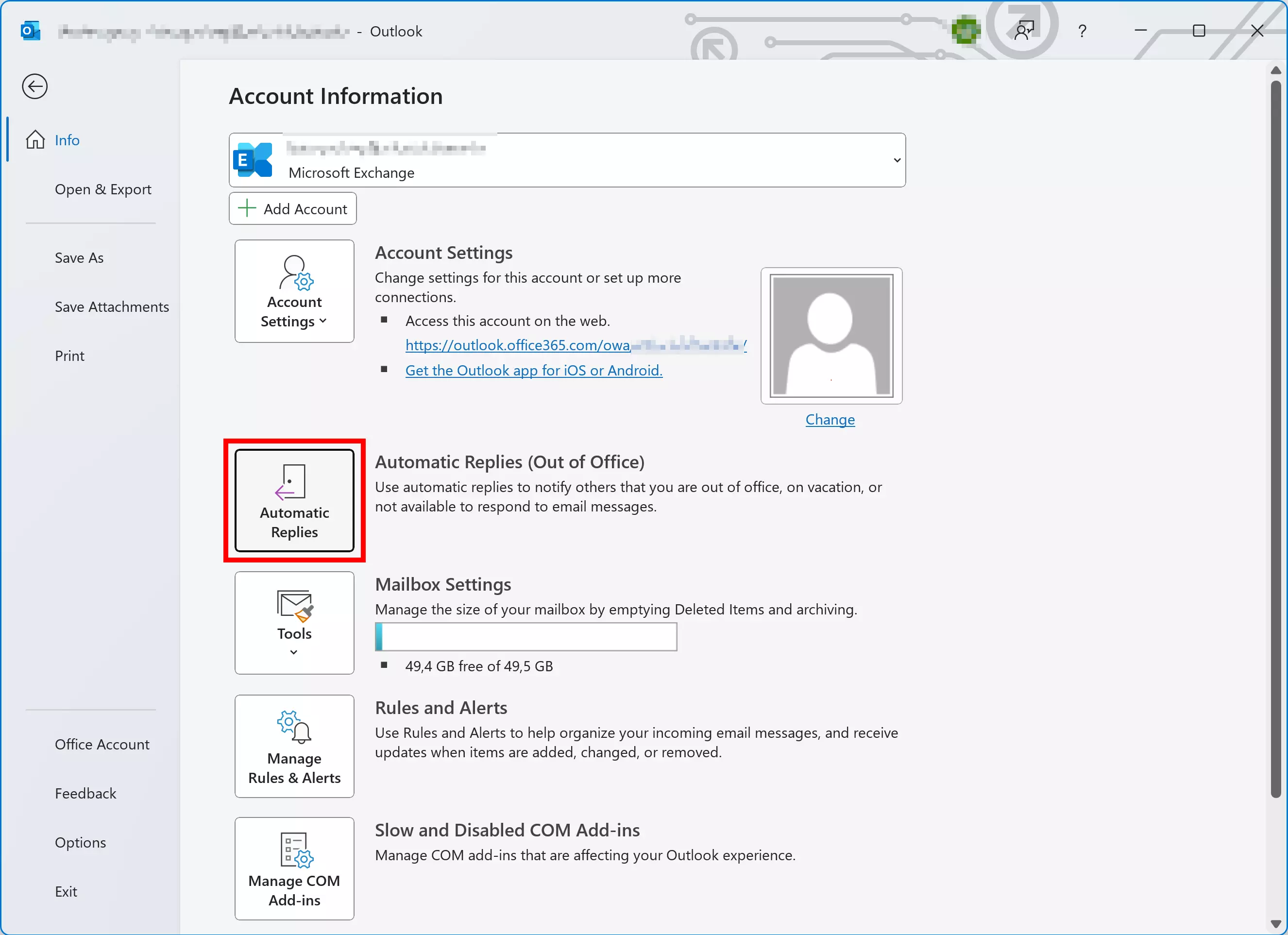 Captura de tela das informações da conta do Outlook Captura de tela das informações da conta do Outlook