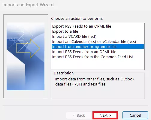 Assistente de importação e exportação do Outlook: ação “Importar de outro programa ou arquivo” Imagem: Assistente de importação e exportação do Outlook: ação “Importar de outro programa ou arquivo”