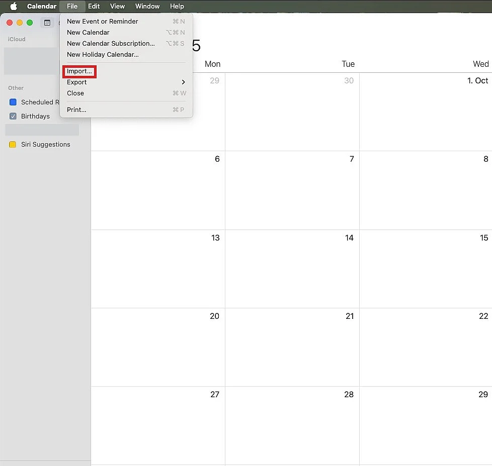 Imagem: Importar arquivo ICS no Calendário Apple