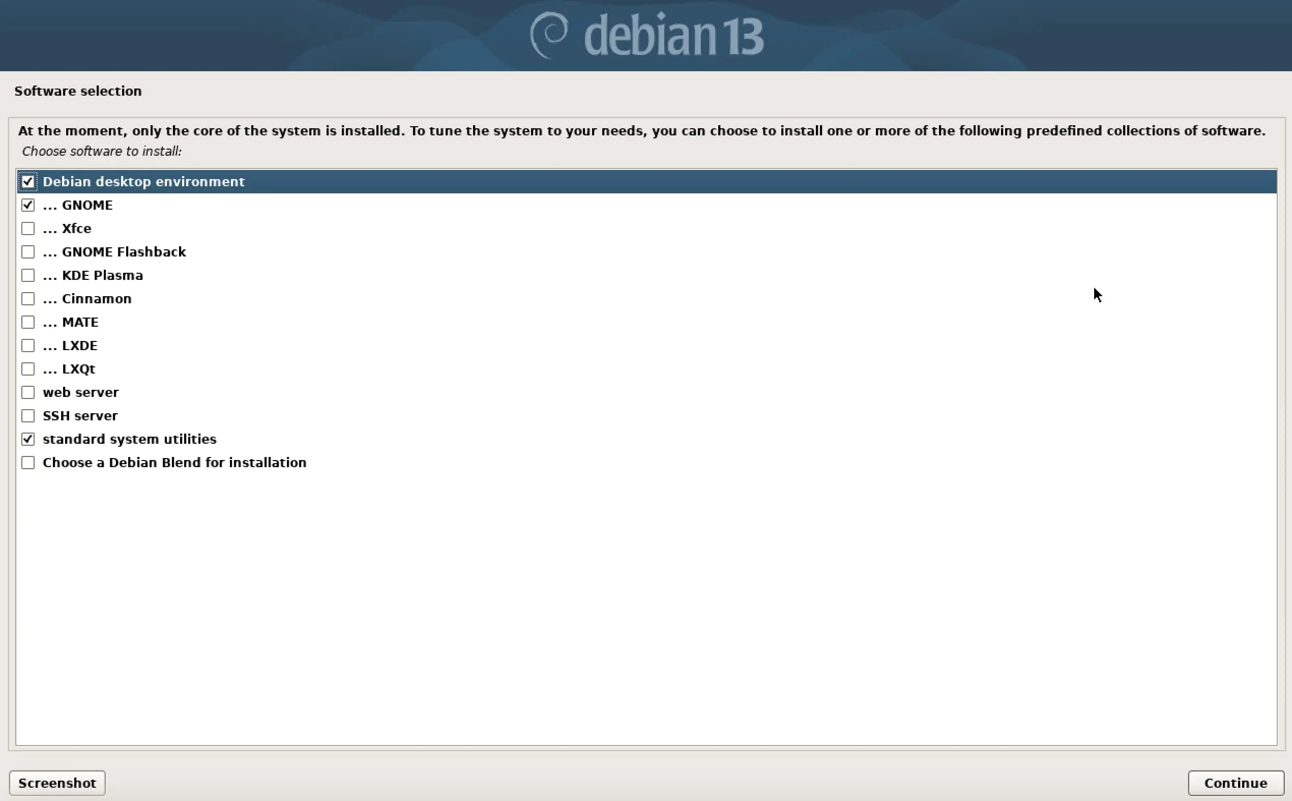 Imagem: Captura de tela da instala&ccedil;&atilde;o do Debian 13: sele&ccedil;&atilde;o de software