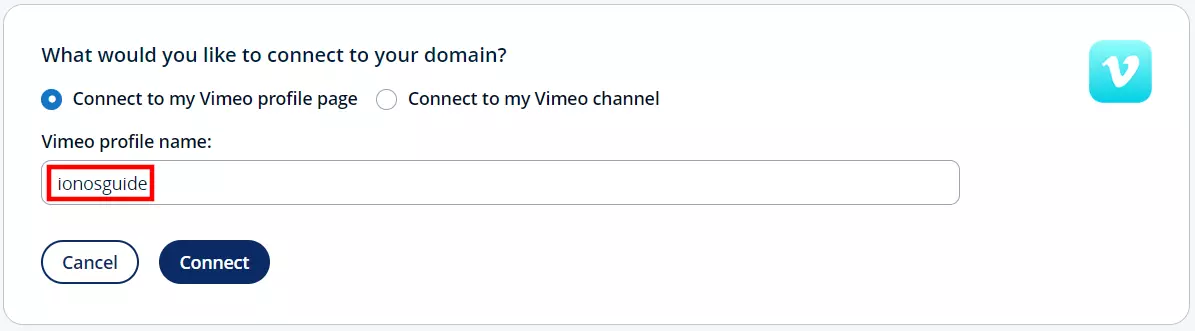 Conectar página de perfil do Vimeo na conta de cliente IONOS Conectar página de perfil do Vimeo na conta de cliente IONOS