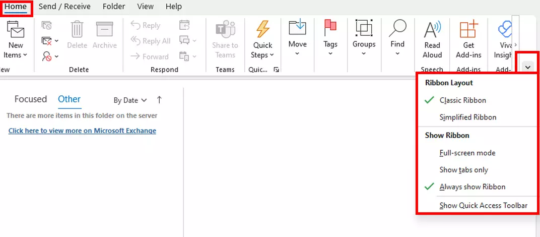 O ícone de seta na faixa de opções da conta do Outlook O ícone de seta na faixa de opções da conta do Outlook
