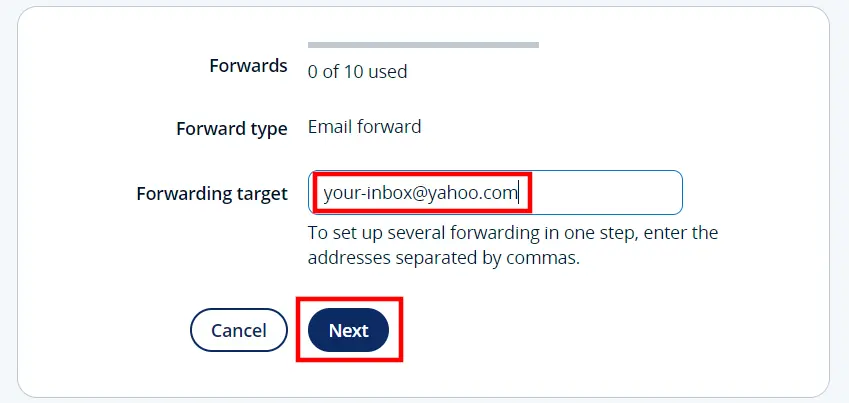 Imagem: Configurando o encaminhamento na conta de cliente IONOS