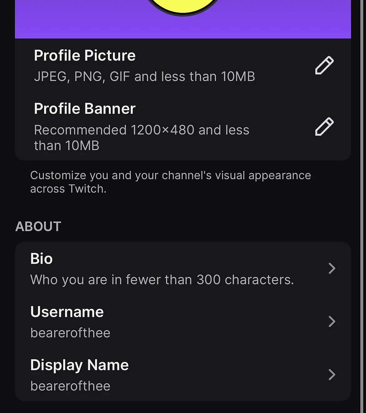 Menu “Editar perfil” no aplicativo da Twitch Imagem: Menu “Editar perfil” no aplicativo da Twitch