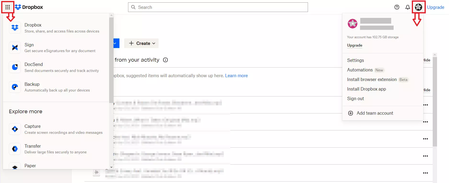 Interface de usuário do navegador do Dropbox com extras e configurações de perfil Interface de usuário do navegador do Dropbox com extras e configurações de perfil