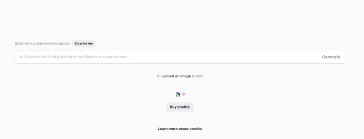 Captura de tela da interface de usuário do gerador de imagens IA DALL E 2 Captura de tela da interface de usuário do gerador de imagens IA DALL E 2