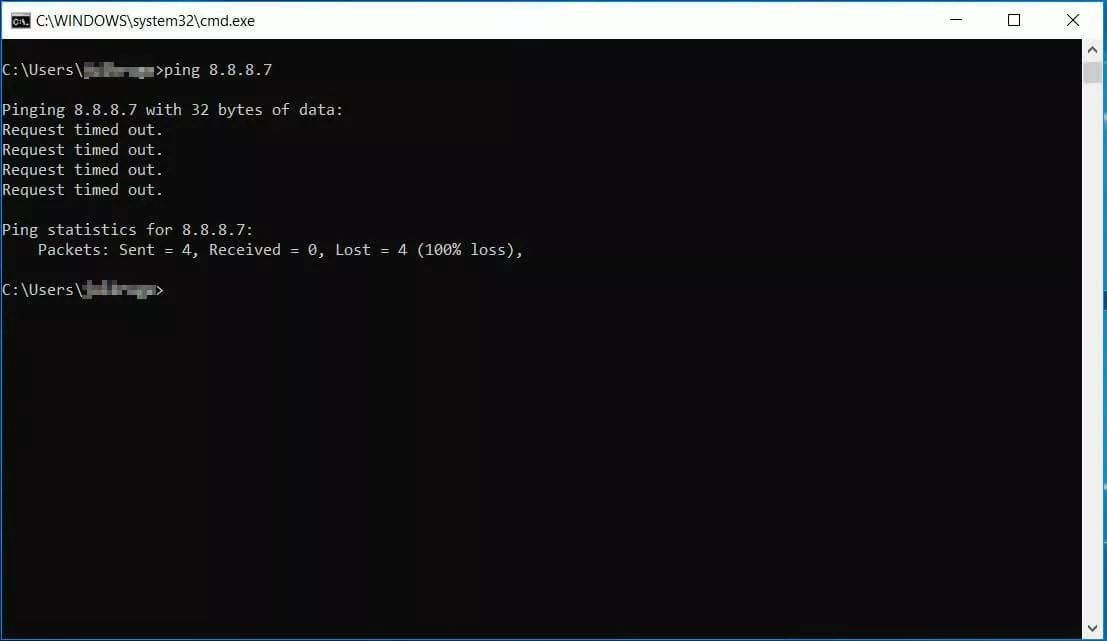 Teste de ping fracassado Teste de ping fracassado