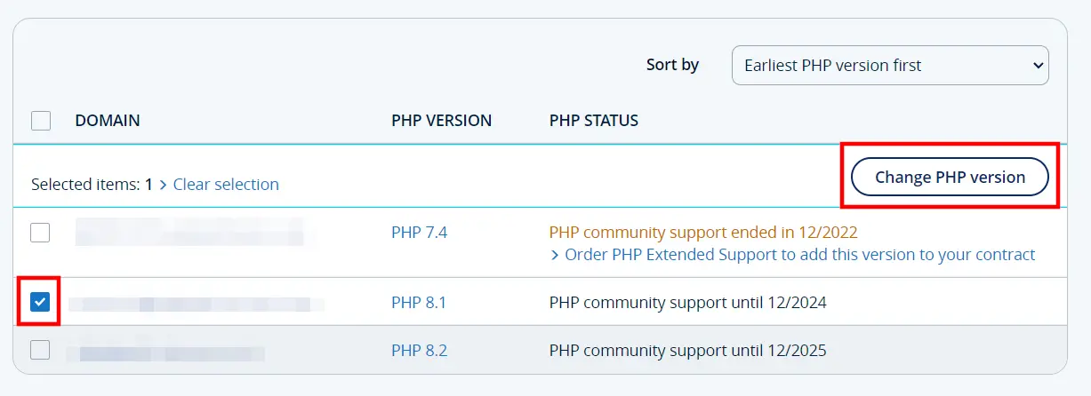 Status do PHP dos domínios na conta de cliente IONOS Imagem: Status do PHP dos domínios na conta de cliente IONOS