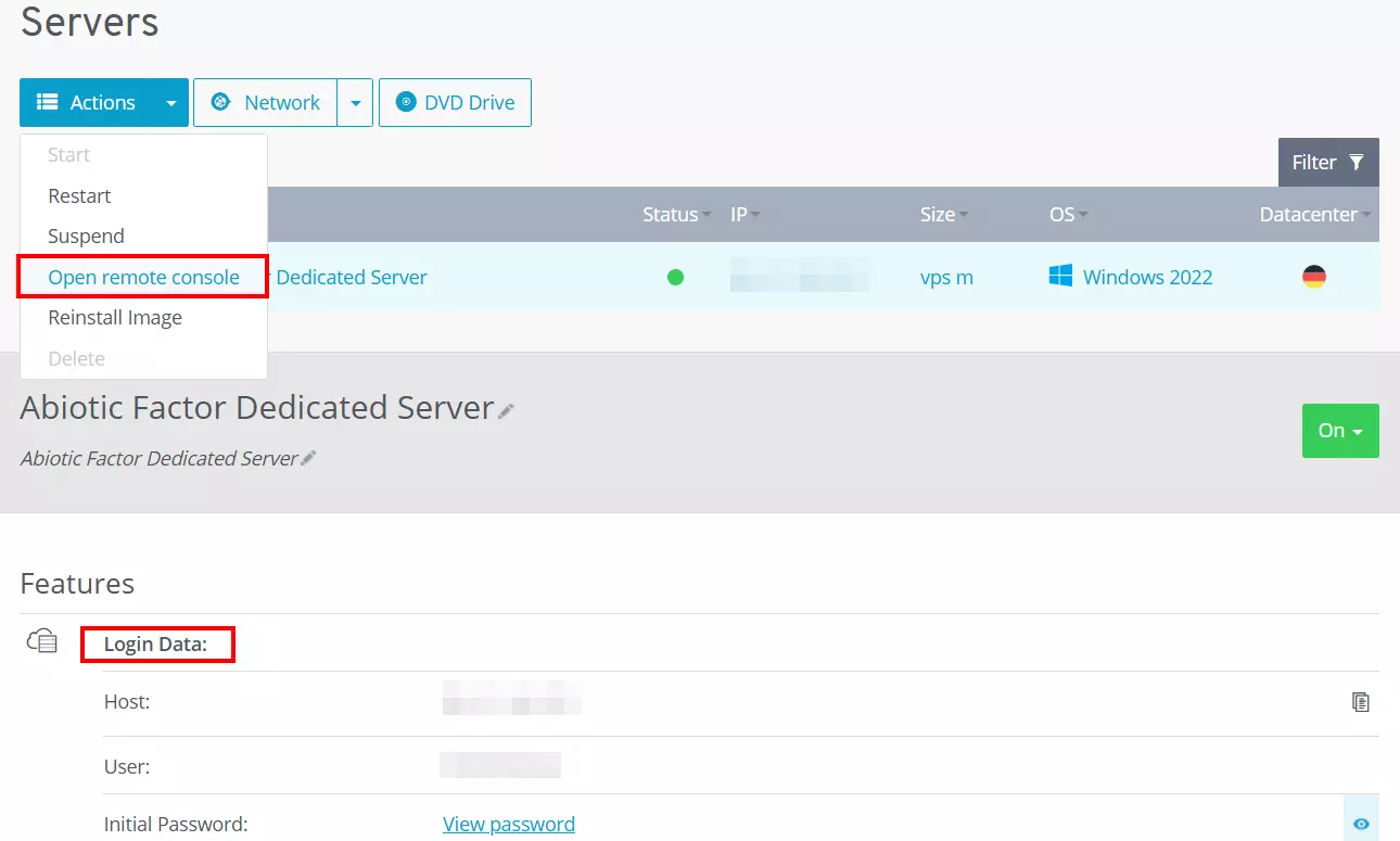 Abrir console remoto na conta IONOS Imagem: Abrir console remoto na conta IONOS