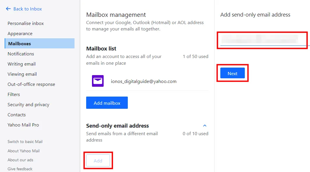 Imagem: Adicionar endereço somente para envio no Yahoo Mail