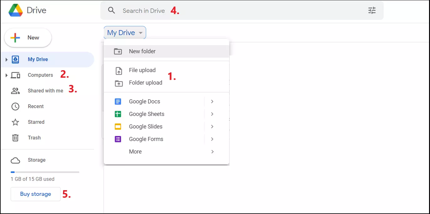 Captura de tela da interface de usuário do Google Drive Captura de tela da interface de usuário do Google Drive