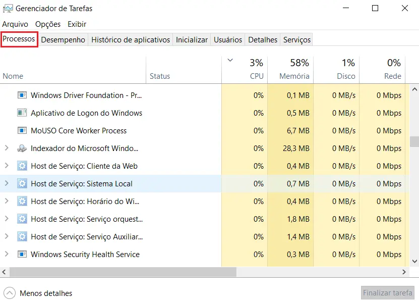 Imagem: Gerenciador de Tarefas do Windows: Lista de processos ativos