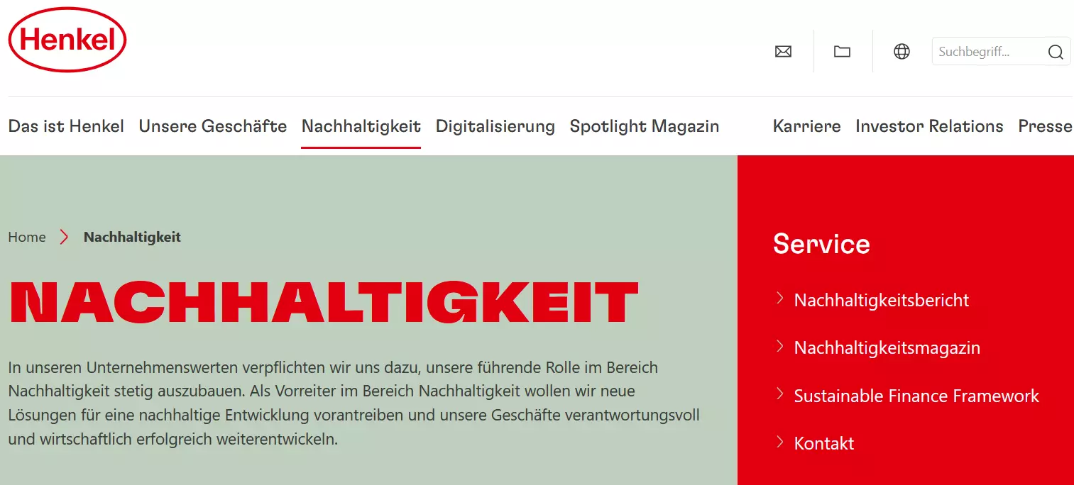 Imagem: Captura de tela do site da Henkel: seção sobre “Sustentabilidade”