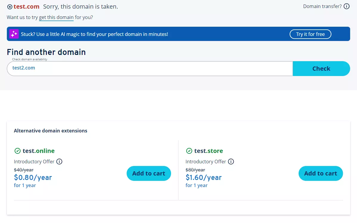 Verificador de domínios da IONOS: Domínio tomado Verificador de domínios da IONOS: Domínio tomado