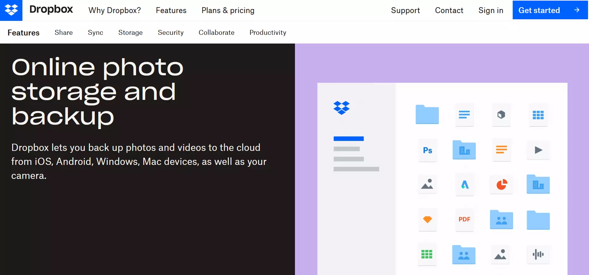 Captura de tela da página do Dropbox “Espaço de armazenamento para fotos” Captura de tela da página do Dropbox “Espaço de armazenamento para fotos”