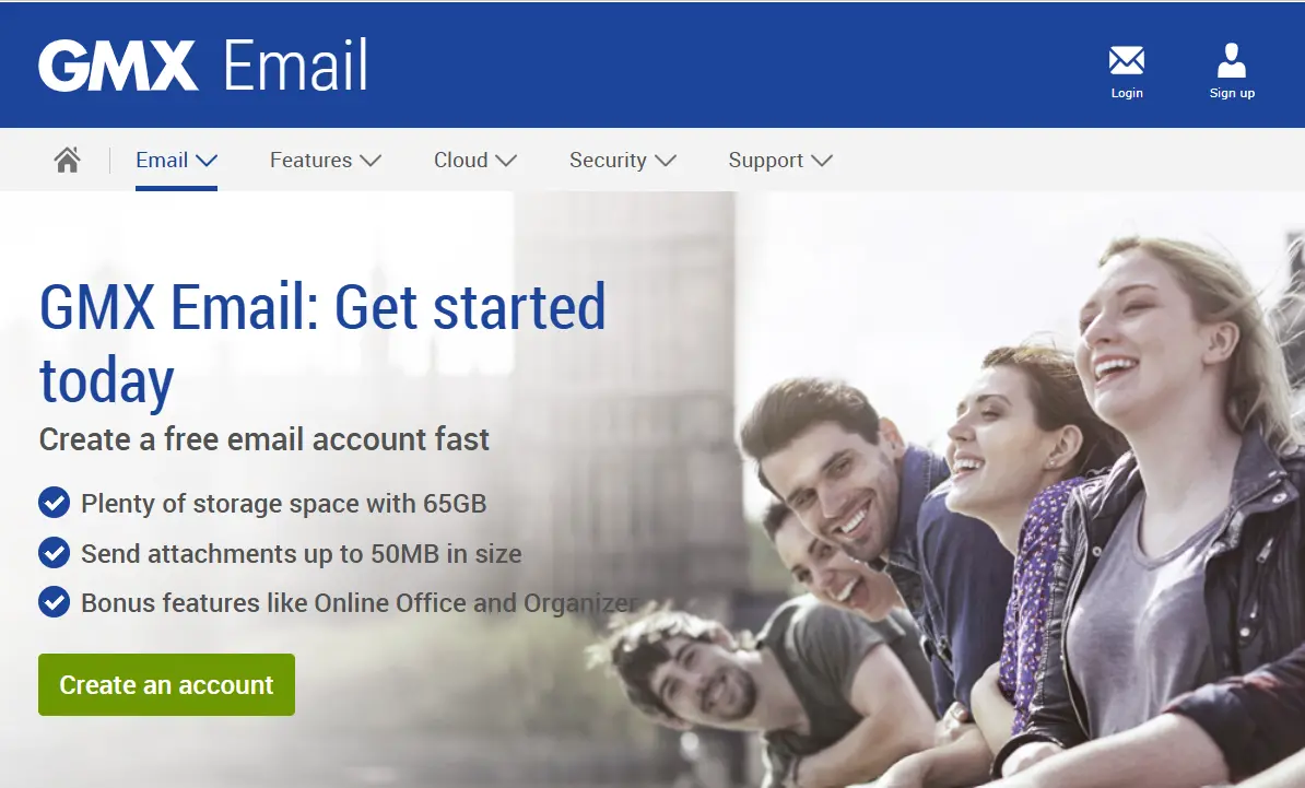 Imagem: Captura de tela do site do provedor de e-mail grátis GMX
