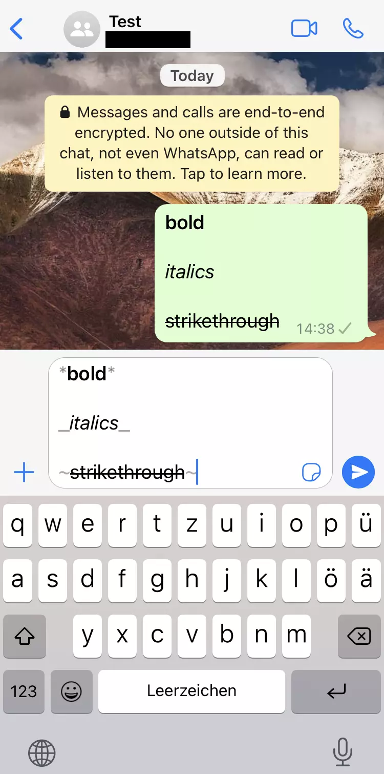 Imagem: Captura de tela do iPhone das opções de formatação no WhatsApp