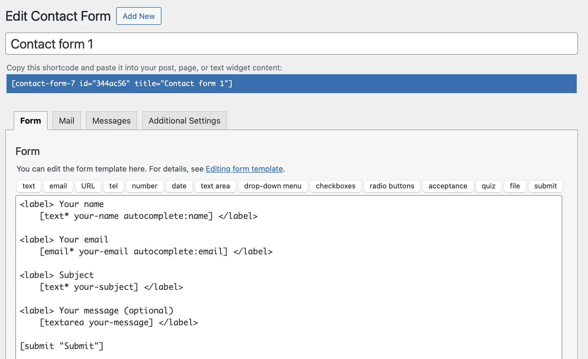 Screenshot da interface do plugin Contact Form 7 Imagem: Screenshot da interface do plugin Contact Form 7