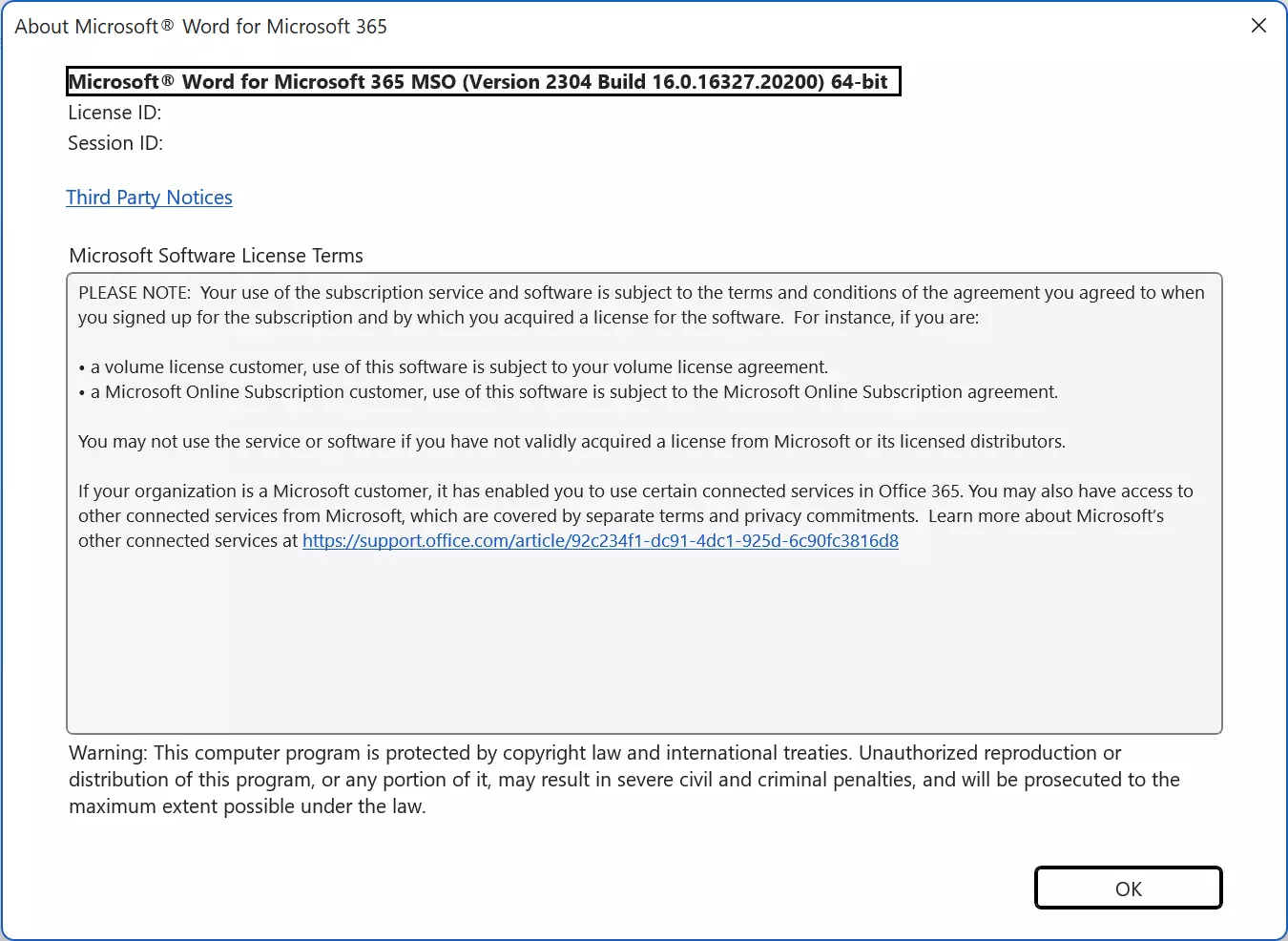 Microsoft Office: A janela de diálogo “Sobre a Microsoft” Imagem: Microsoft Office: A janela de diálogo “Sobre a Microsoft”