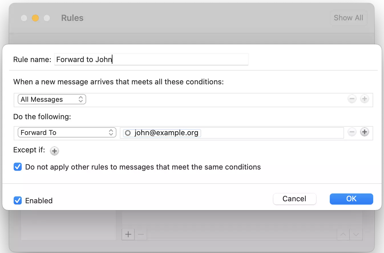 Barra de menus do Outlook para Mac: Janela de configuração de regras Barra de menus do Outlook para Mac: Janela de configuração de regras