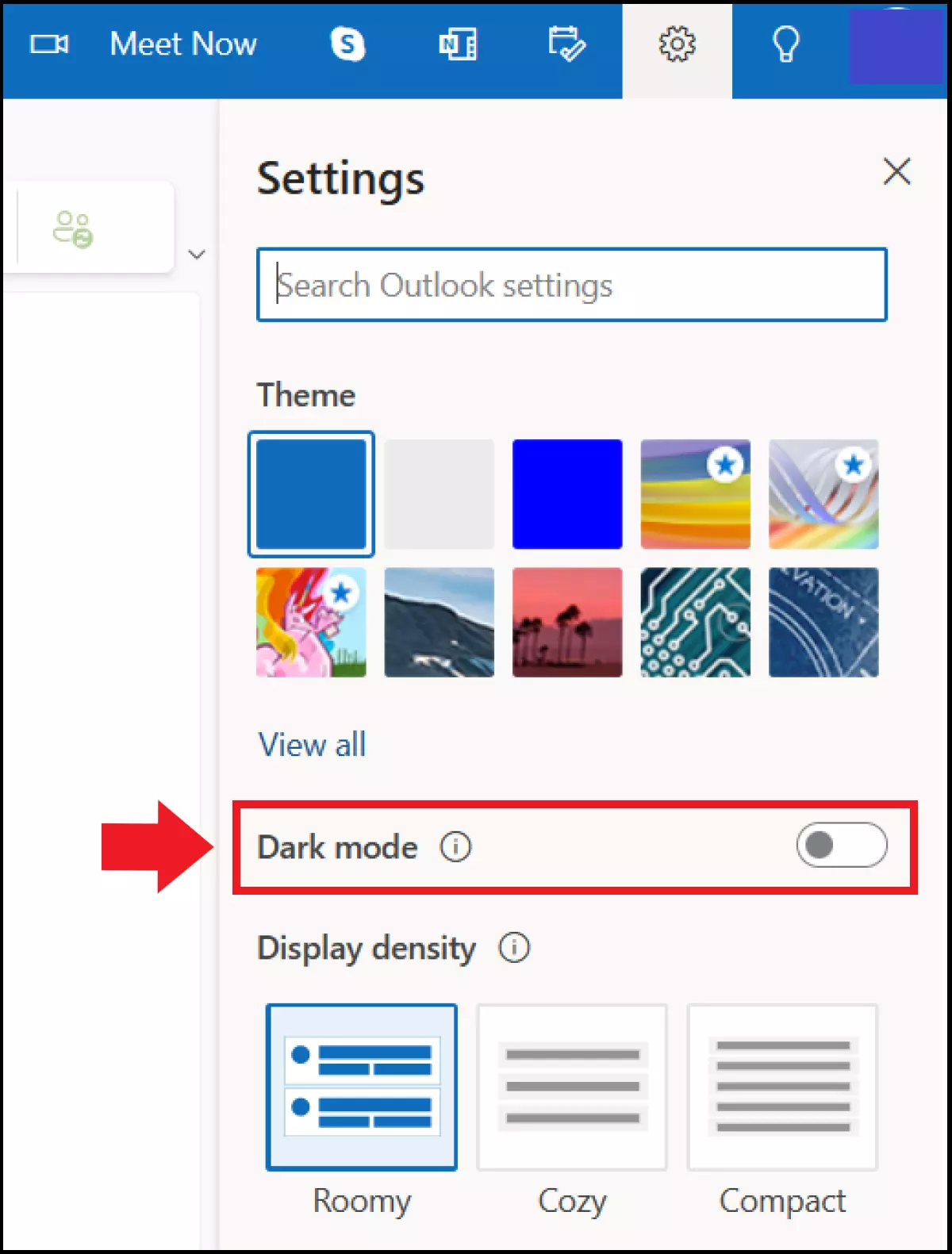 O modo escuro nas configurações do aplicativo Web do Outlook O modo escuro nas configurações do aplicativo Web do Outlook