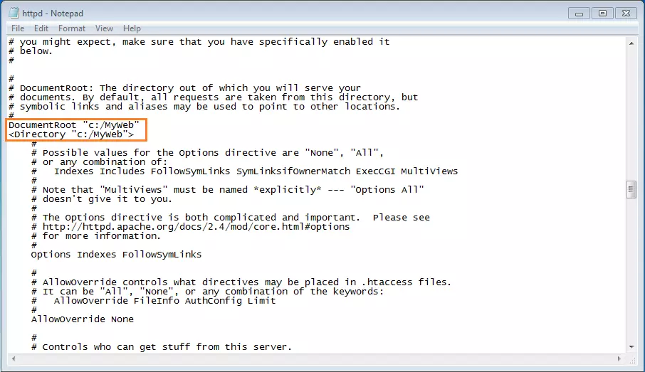 Ajustando as entradas “DocumentRoot” e “Directory” no arquivo httpd.conf Imagem: Ajustando as entradas “DocumentRoot” e “Directory” no arquivo httpd.conf