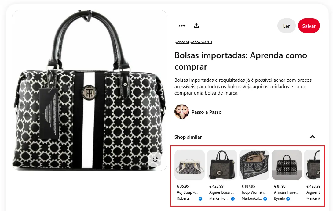Imagem: Captura de tela de p&aacute;gina do Pinterest apresentando bolsas de m&atilde;o como produtos para serem adquiridos'