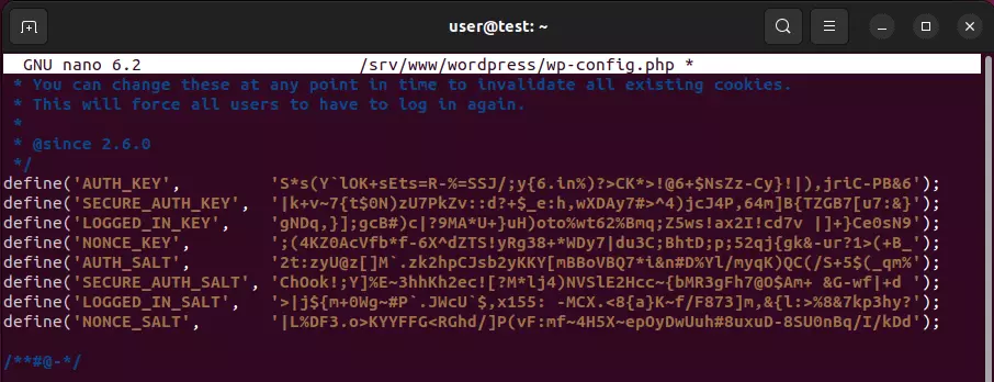 Arquivo de configuração wp-config.php com novas entradas de chave Imagem: Arquivo de configuração wp-config.php com novas entradas de chave
